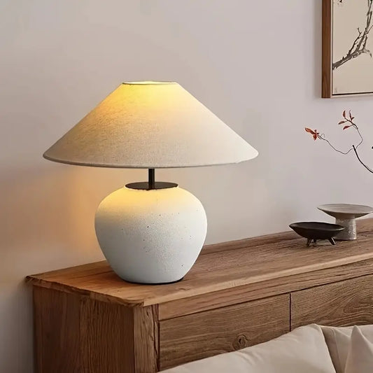 Upstaged Living Wabi-Sabi Ceramic Table Lamp - Artisan White Drum Shade