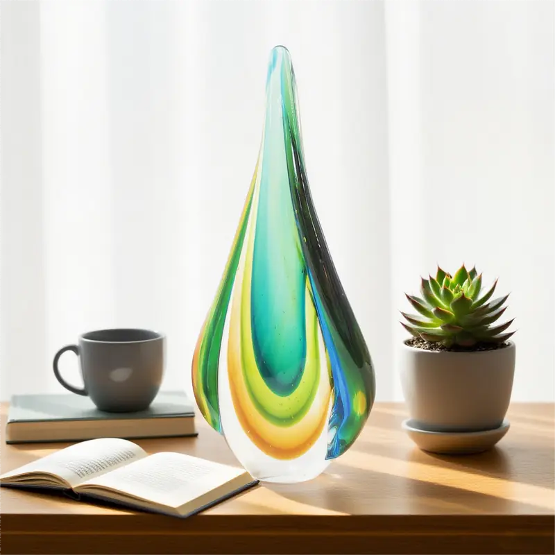 Handmade Murano Glass Teardrop Sculpture – Vibrant Green and Yellow