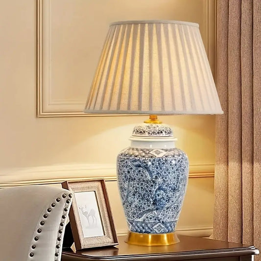Hamptons Nightfall Table Lamp – Gold & Blue Pleated Elegance