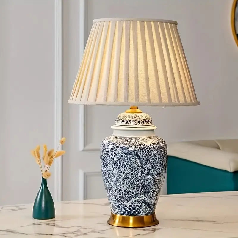 Hamptons Nightfall Table Lamp – Gold & Blue Pleated Elegance