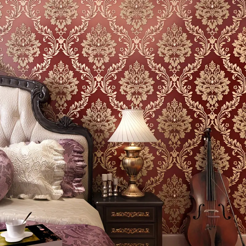 Opulent Damask Wallpaper Roll - Ruby & Gold