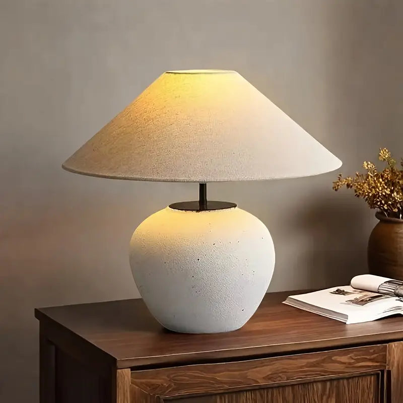 Upstaged Living Wabi-Sabi Ceramic Table Lamp - Artisan White Drum Shade