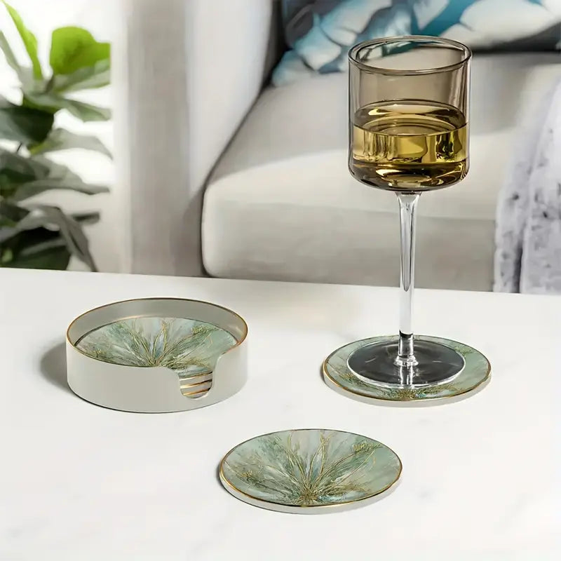 Artisan Coastal Coasters Set - White, Green Gold (4pcs)