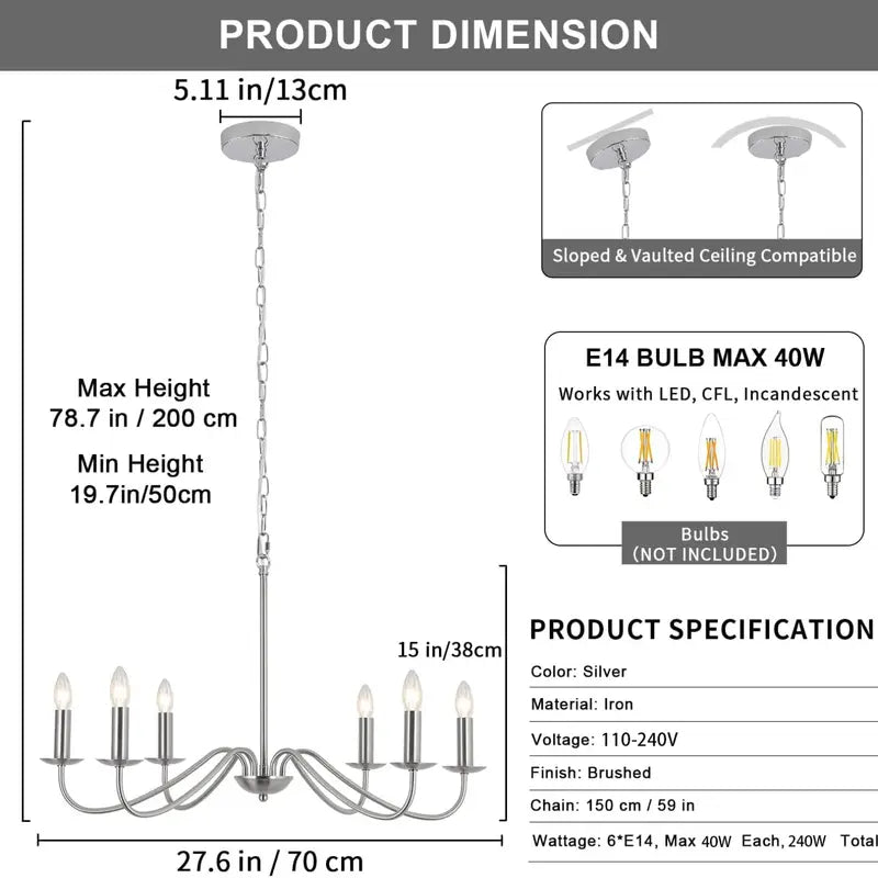 Modern Polished Nickel 6-Arm Chandelier