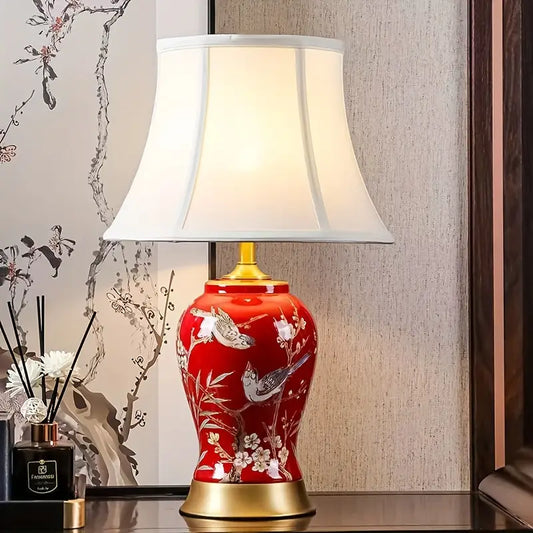 Red Ceramic Table Lamp with White Shade