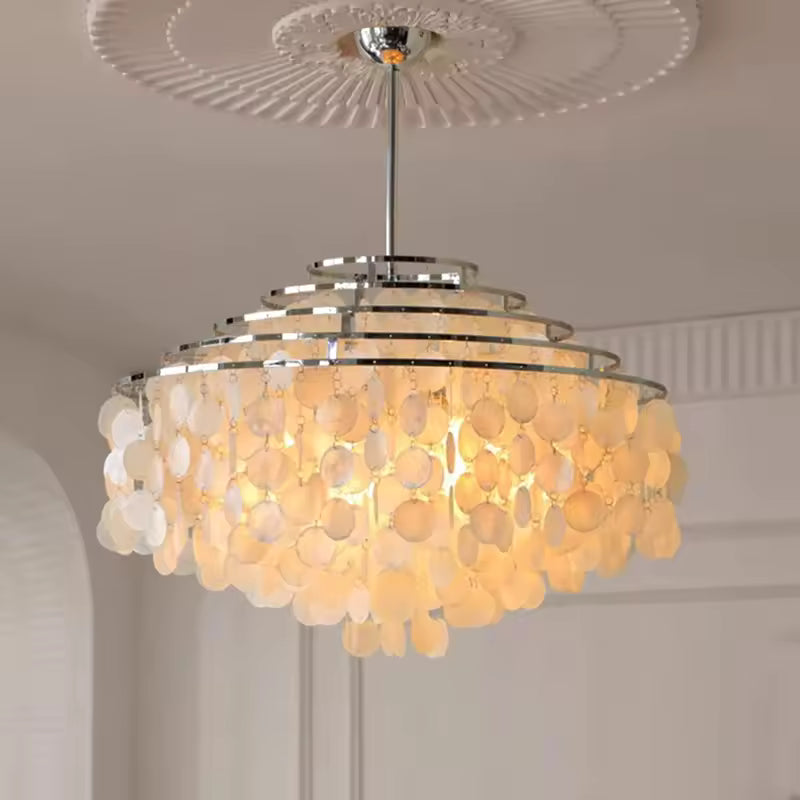 Coastal Pearl Capiz Shell Multi-Tier Chandelier – Gold or Chrome Glow