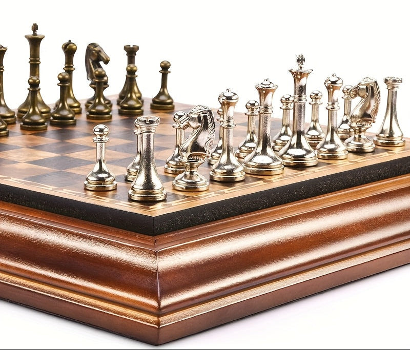 Wooden chessboard with detailed chess pieces on a white background