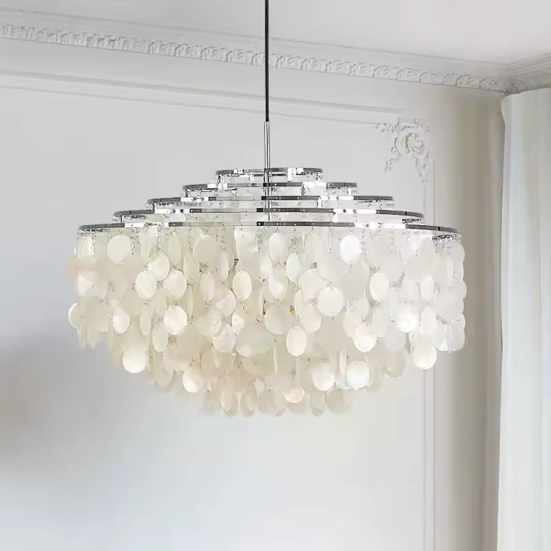 Coastal Pearl Capiz Shell Multi-Tier Chandelier – Gold or Chrome Glow