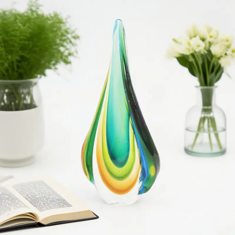 Handmade Murano Glass Teardrop Sculpture – Vibrant Green and Yellow
