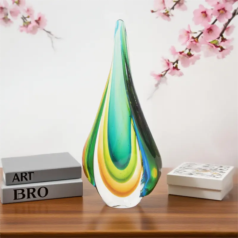 Handmade Murano Glass Teardrop Sculpture – Vibrant Green and Yellow