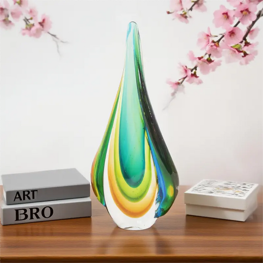 Handmade Murano Glass Teardrop Sculpture – Vibrant Green and Yellow