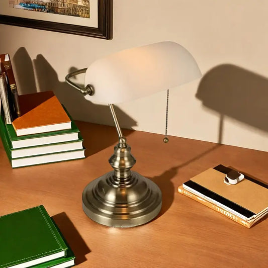 Metallic Banker's Desk Lamp - Frosted White Shade