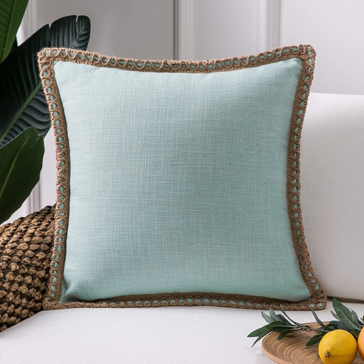 Mint Green Linen- Hemp Rope Trim Pillow