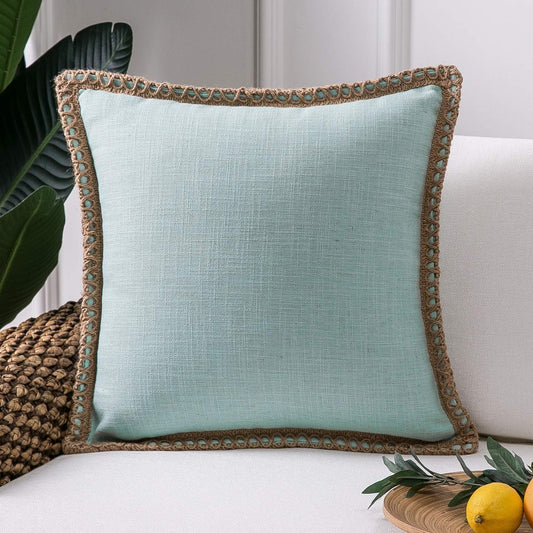 Mint Green Linen- Hemp Rope Trim Pillow