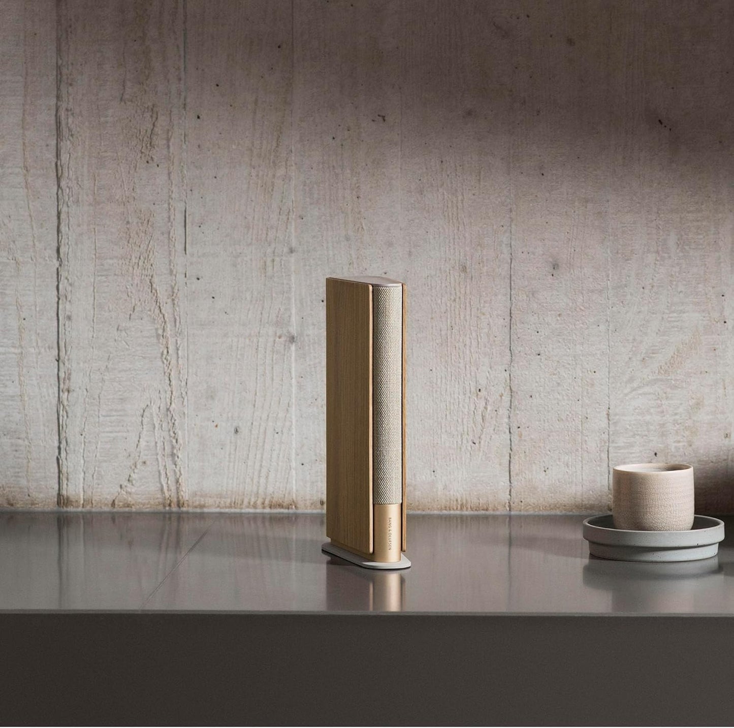 Bang & Olufsen Beosound Emerge Speaker, Wi-Fi Bookshelf Design, Gold Tone/Light Oak