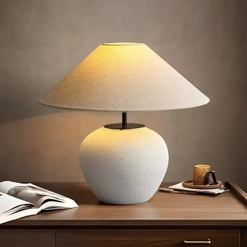 Upstaged Living Wabi-Sabi Ceramic Table Lamp - Artisan White Drum Shade