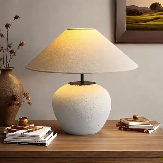 Upstaged Living Wabi-Sabi Ceramic Table Lamp - Artisan White Drum Shade