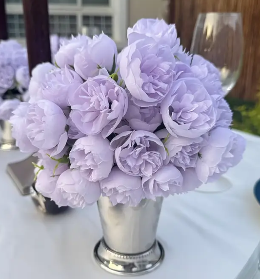 Silk Purple Peony Cascade in Silver Vase