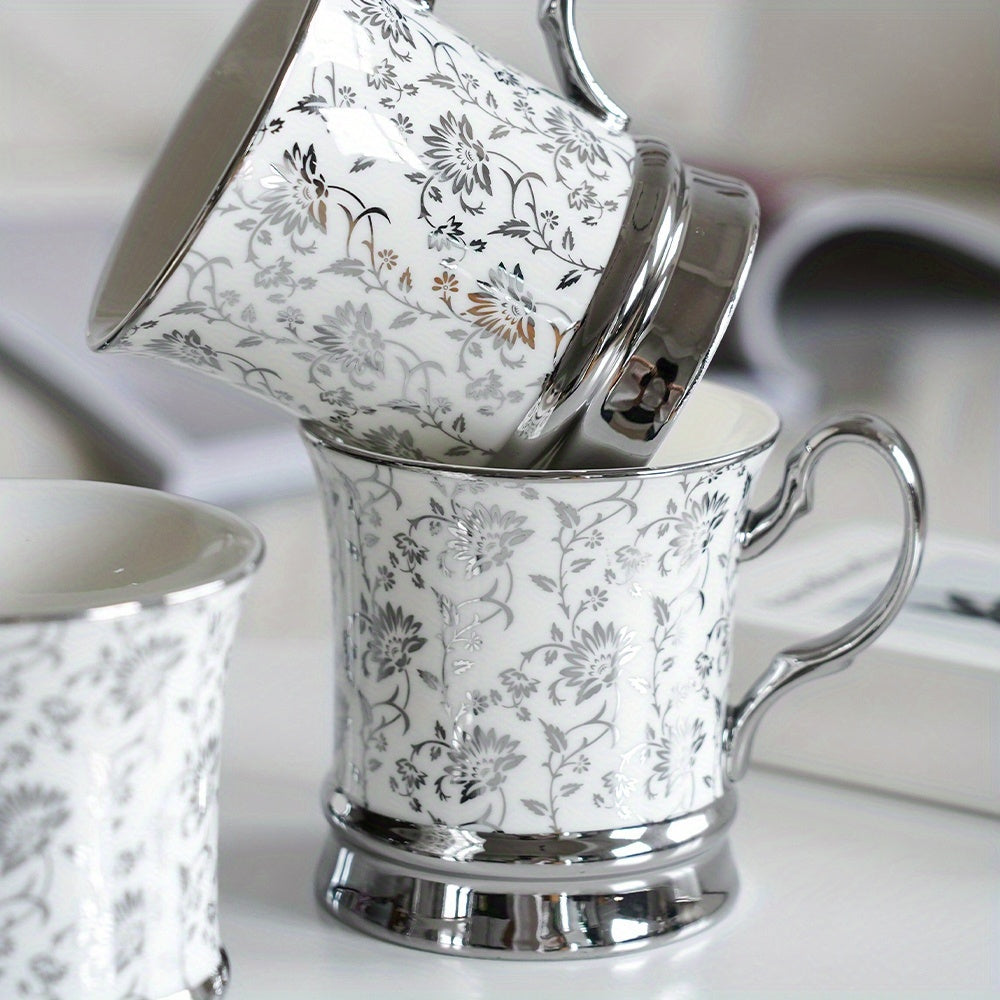 Rosalie Silver Embossed Bone China Mug - Set of 6