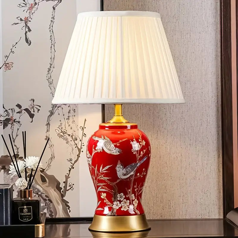 Red Ceramic Table Lamp with White Shade
