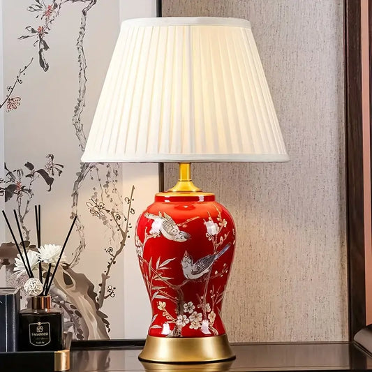 Red Ceramic Table Lamp with White Shade