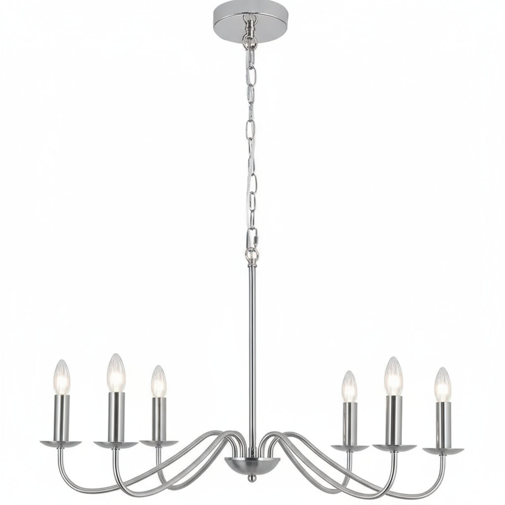 Chandelier with multiple candle-style lights on a white background