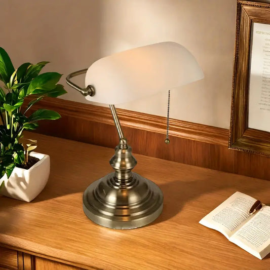 Metallic Banker's Desk Lamp - Frosted White Shade