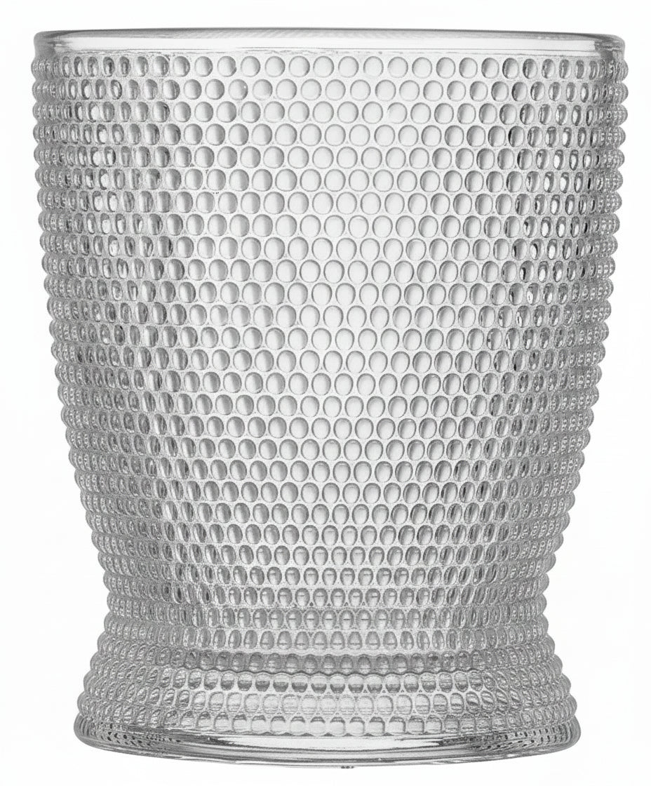 Clear textured glass tumbler with measurements and capacity label on a white background
