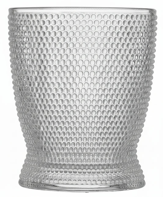 Clear textured glass tumbler with measurements and capacity label on a white background